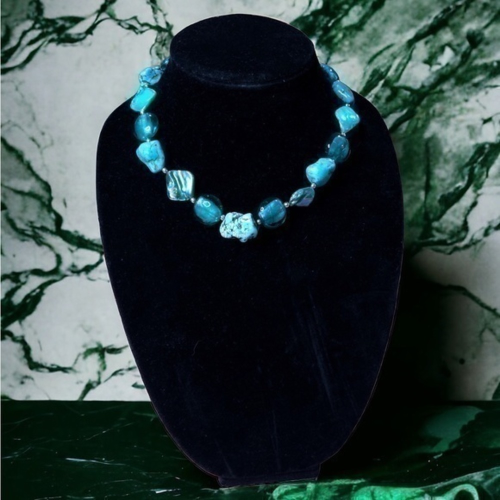 Chunky Blue Turquoise And Shell Statement Necklace - image 1